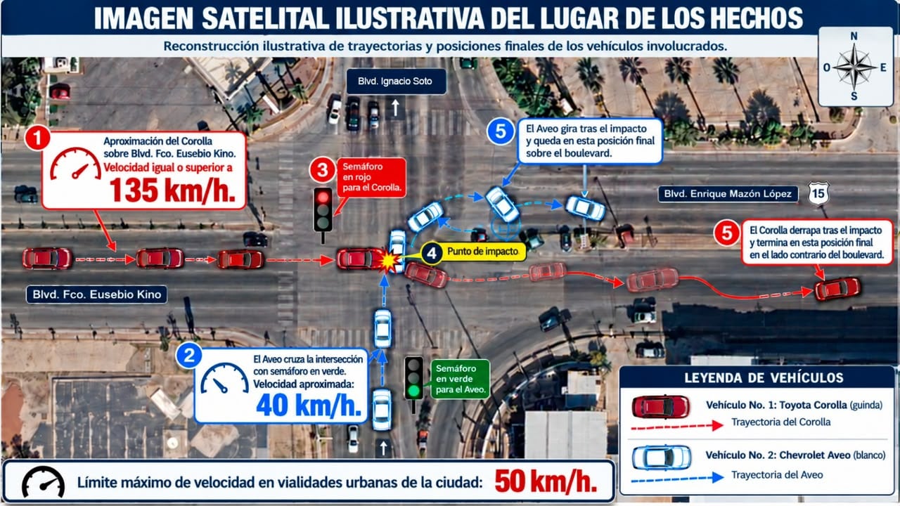La FGJES determinó que el conductor de un Toyota Corolla circulaba a 135 km/h o más y bajo los efectos del alcohol cuando impactó contra un vehículo de transporte por aplicación en Hermosillo, accidente que dejó cuatro personas fallecidas y cuatro lesionadas.