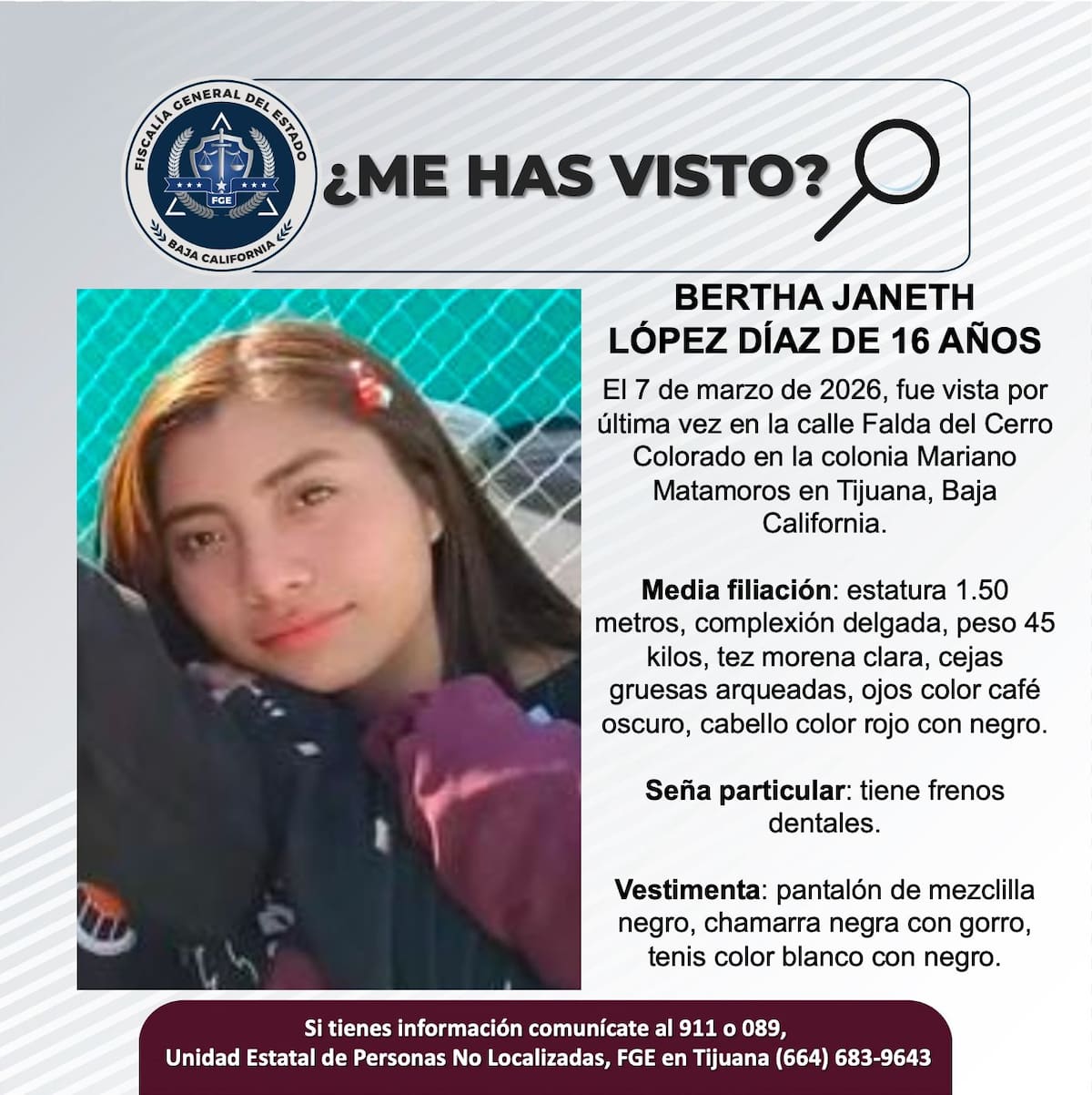 Fue vista por última vez el 7 de marzo de 2026.