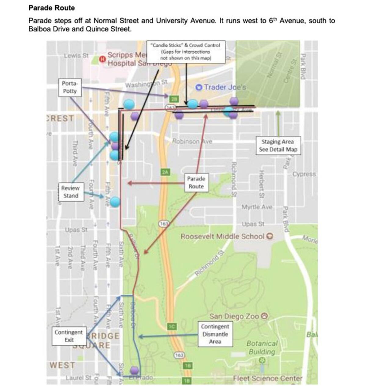 Mapa del recorrido del desfile del orgullo en San Diego.