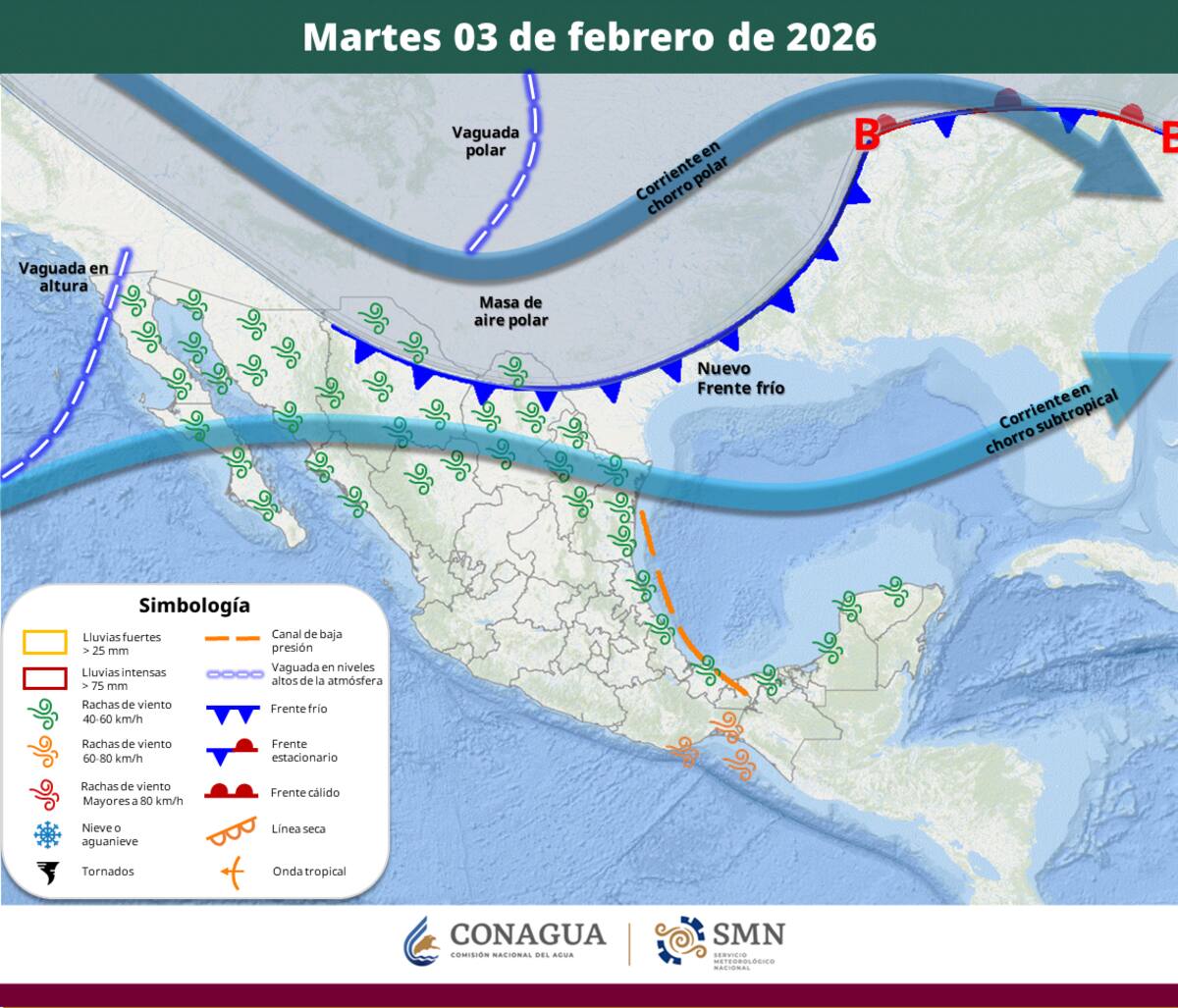 Servicio Meteorológico Nacional, fuente oficial del Gobierno de México. Mapa 3 de febrero.