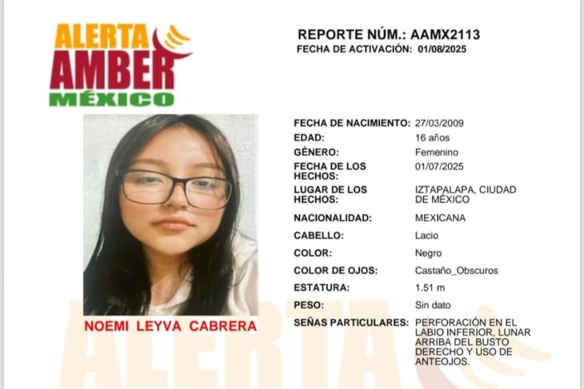 Activan Alerta Amber para localizar a Noemí Leyva Cabrera de 16 años