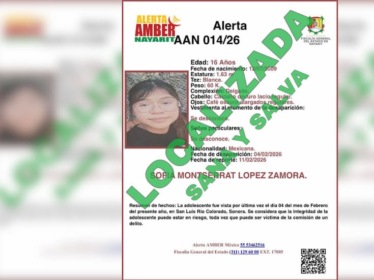 AMIC ubica en San Luis Río Colorado a adolescente con Alerta Amber de Nayarit; estaba con su novio