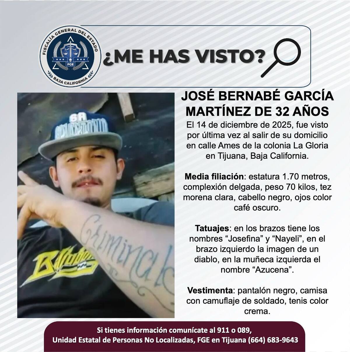 Fue visto por última vez el 14 de diciembre de 2025.