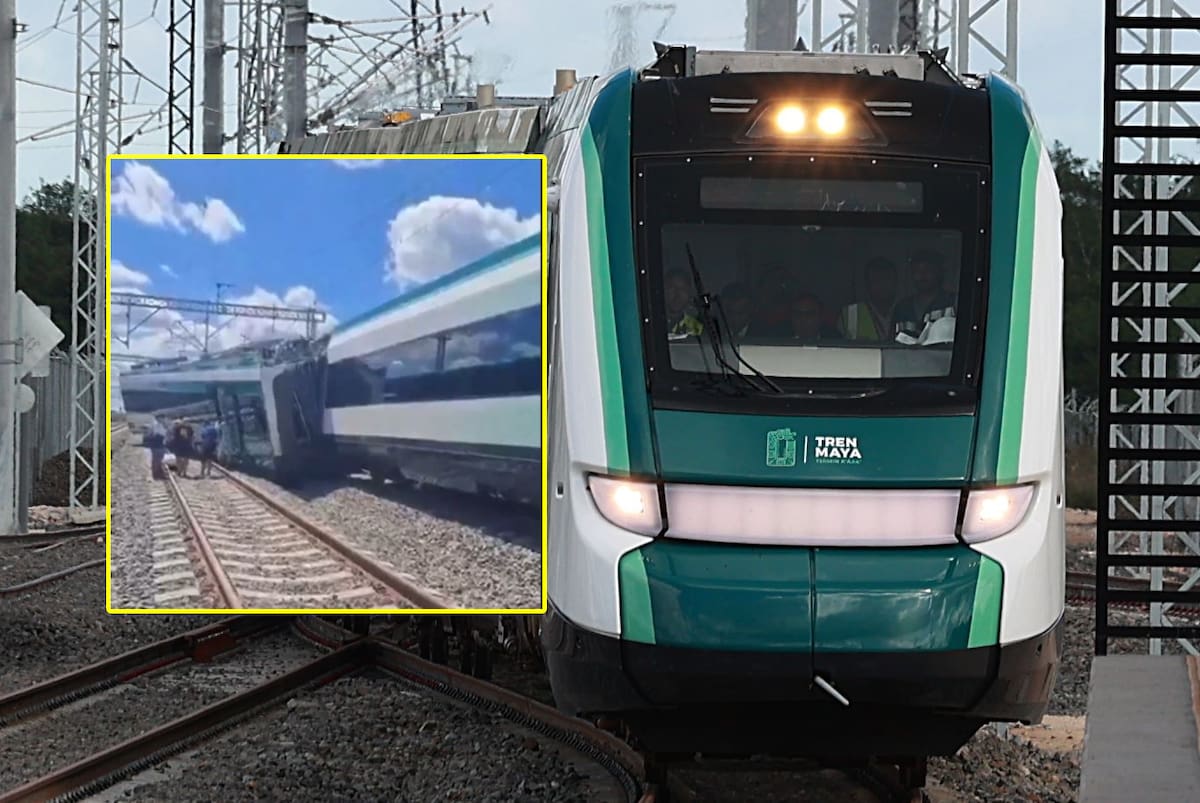 Un vagón del Tren Maya experimentó una anomalía técnica en un cambio de vía (aguja) en la estación de Izamal, Yucatán, provocando que se desviara y quedara apoyado sobre otro tren estacionado.