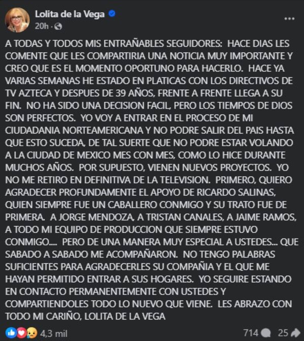 Lolita de la Vega anuncia el final de “Frente a Frente” / Facebook: Lolita de la Vega