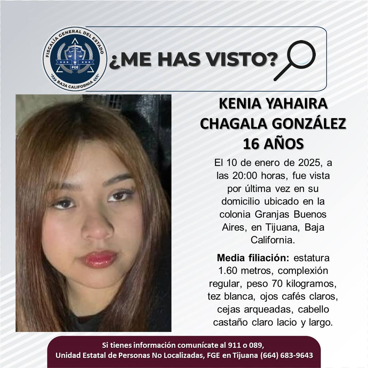 Kenia Yahaira Chagala González fue vista por última vez el 10 de enero de 2025.