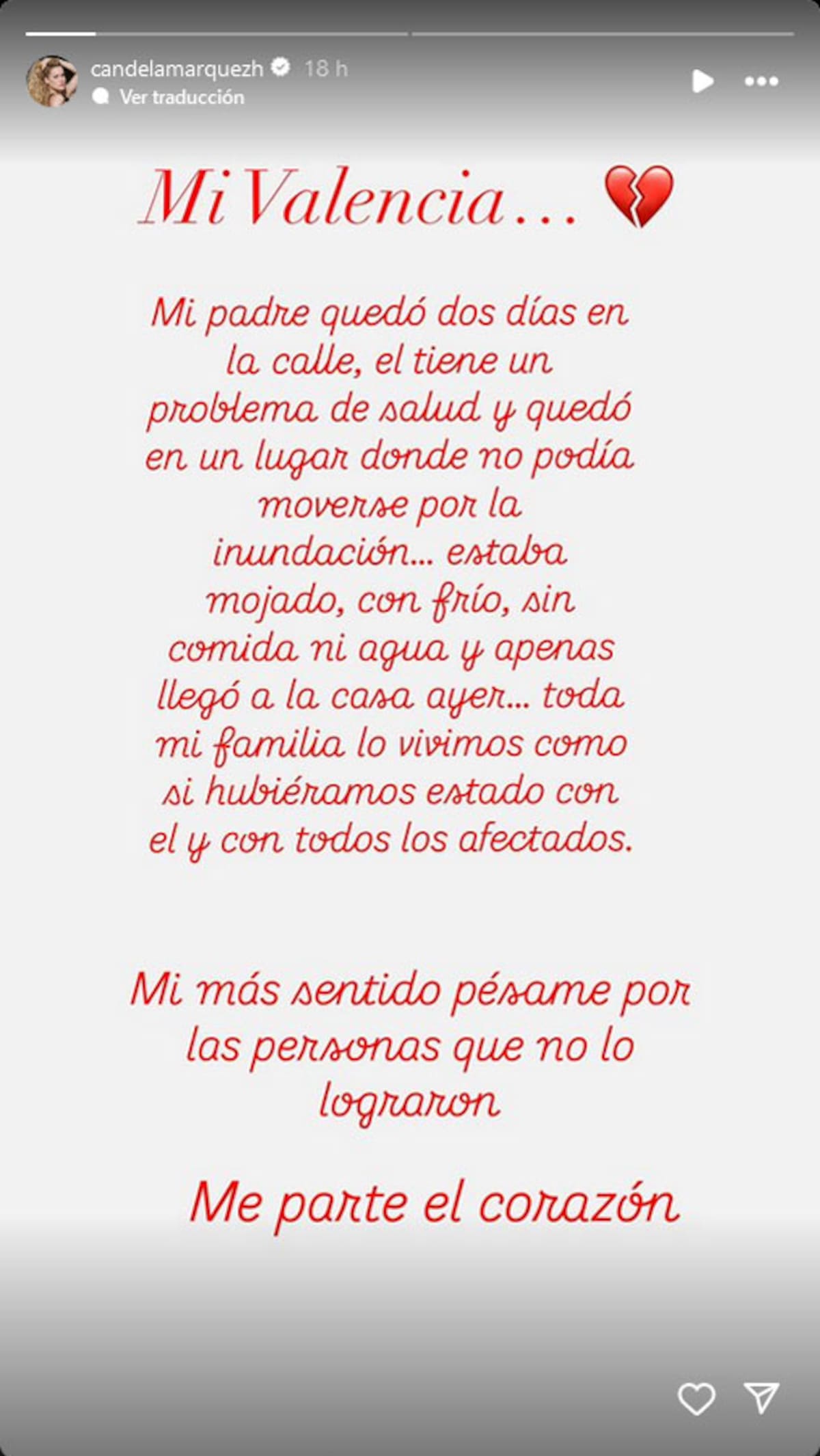 Candela Márquez, originaria de Valencia, compartió en sus historias de Instagram sobre su angustia por su padre.
