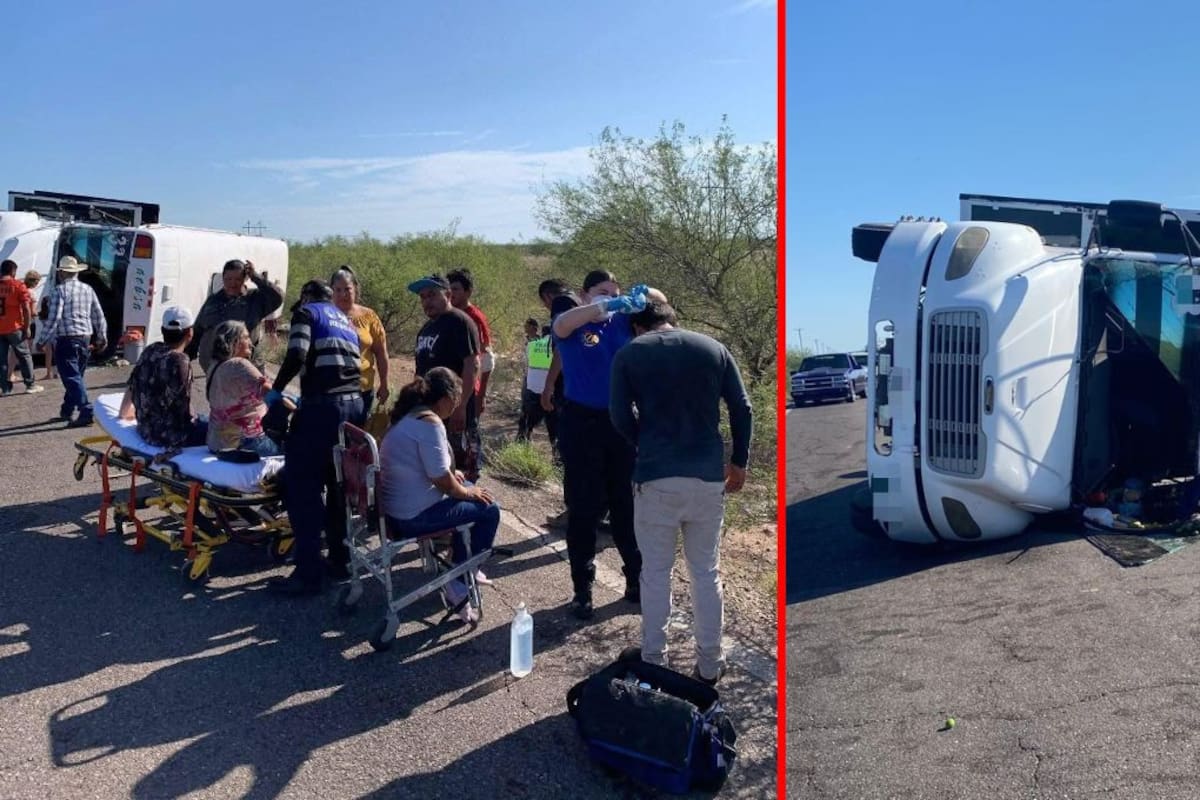 Volcadura de transporte de pasajeros en Empalme provoca cierre en la carretera 85; lesionados reciben atención médica