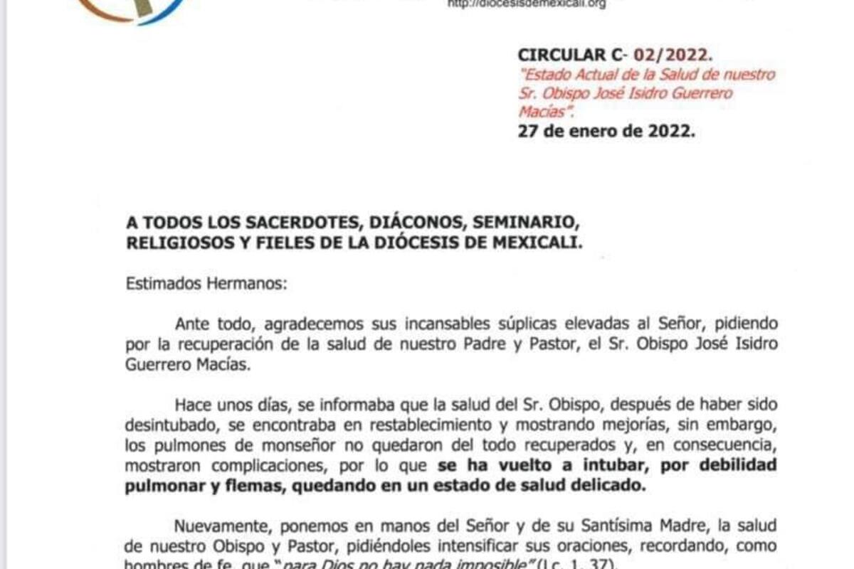 Vuelven a intubar al Obispo de Mexicali