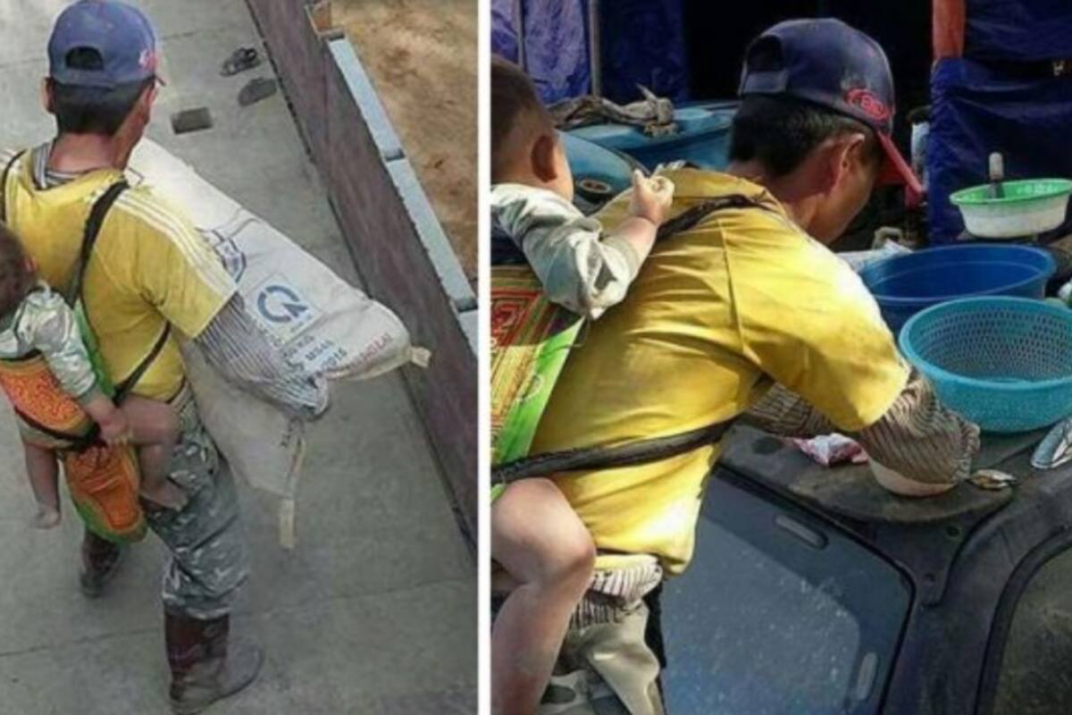 Albañil carga en su espalda a su hijo mientras trabaja largas jornadas