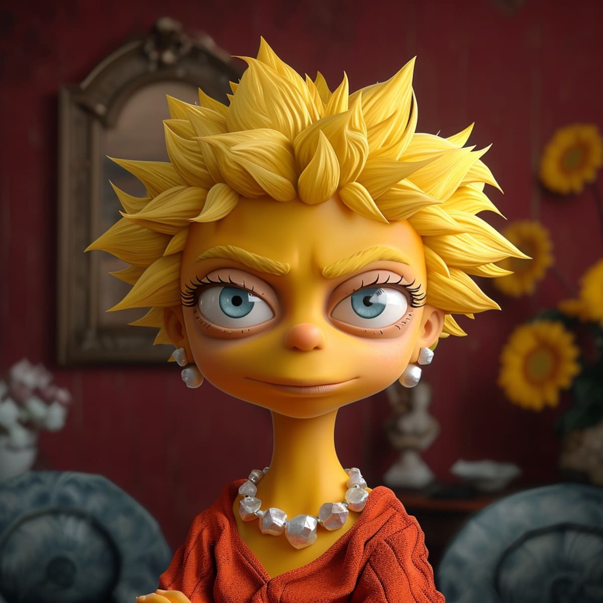 A Lisa Simpson la IA la retrata como una niña madura, seria e inteligente en apariencia, reflejando su papel como la mente aguda y reflexiva de la familia.