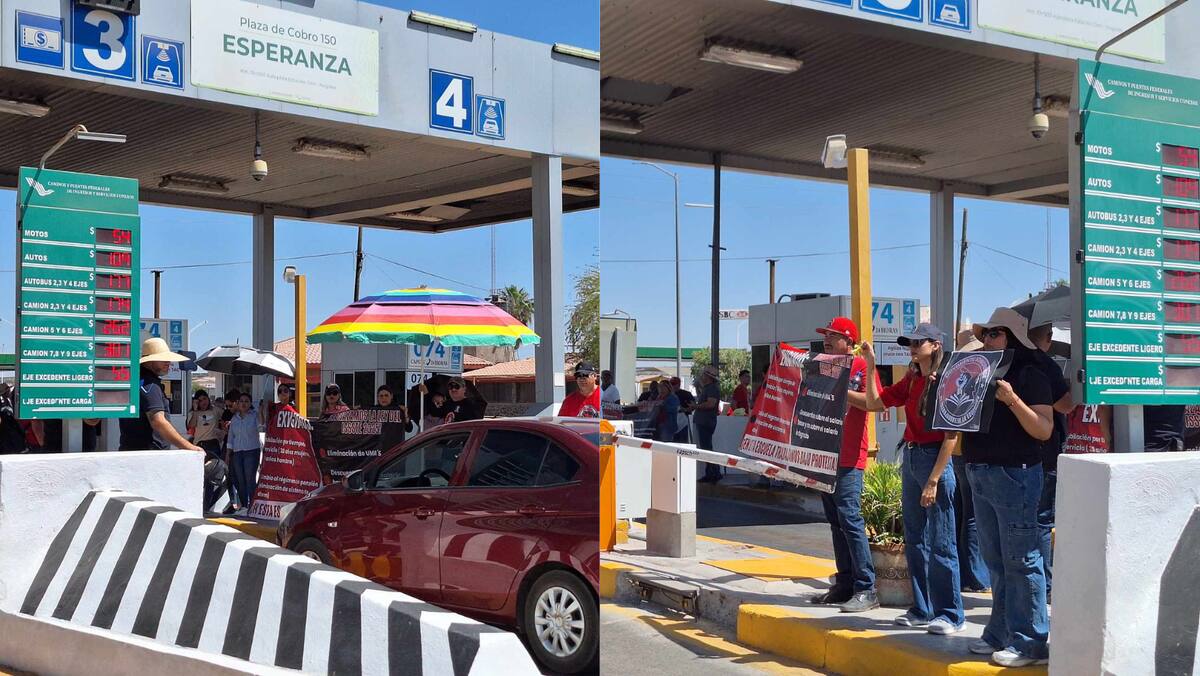 Alrededor de 100 maestros provenientes de la Región Yaqui, Cajeme, San Ignacio Río Muerto, Bácum y otros municipios del sur de Sonora liberaron la caseta de cobro número 150. Foto: GH