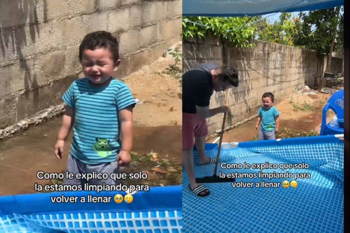 Niño llora desconsoladamente al ver que vacían la alberca para limpiarla