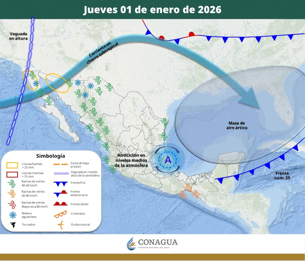 Pronóstico del clima para el jueves 1 de enero del 2026. | Crédito: SMN