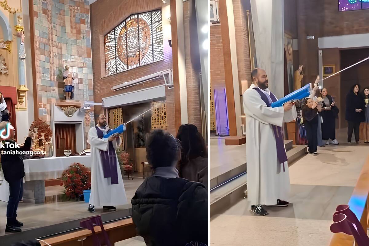 VIDEO: Cura genera polémica al ‘bendecir’ a niños en la iglesia con una pistola de agua