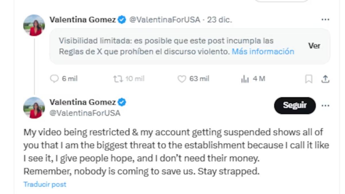 Valentina Gómez afirma que su video fue restringido en Twitter por "ser una amenaza" al poder gobernante al decir las cosas como las ve.