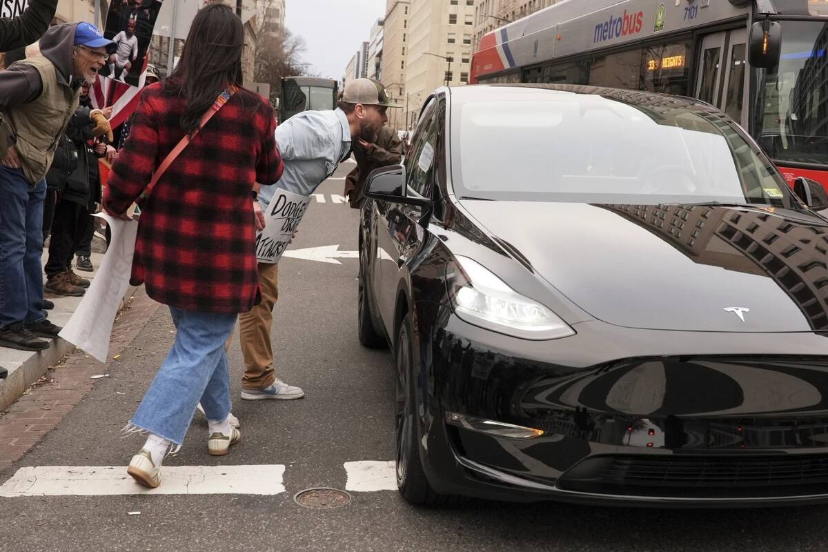 Manifestantes gritan a un conductor de un Tesla mientras protestan contra la administración de Trump cerca de la Casa Blanca el viernes 14 de marzo de 2025, en Washington. | Crédito: AP/Jacquelyn Martin