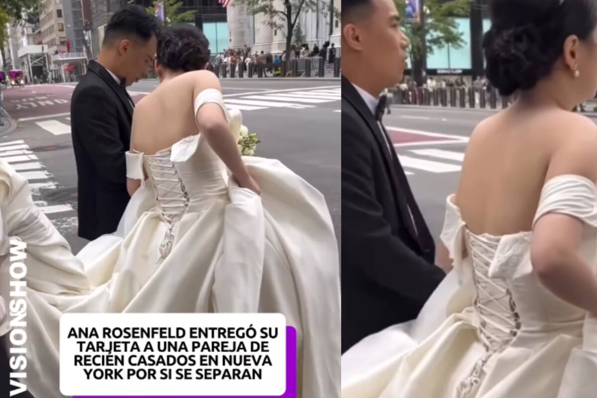 Abogada de divorcios entrega su tarjeta a una pareja recién casada en Nueva York