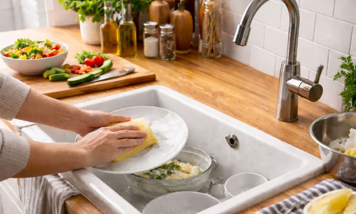 Mantener limpia la cocina durante la preparación de los alimentos puede facilitar las tareas al finalizar la comida. Imagen hecha con IA