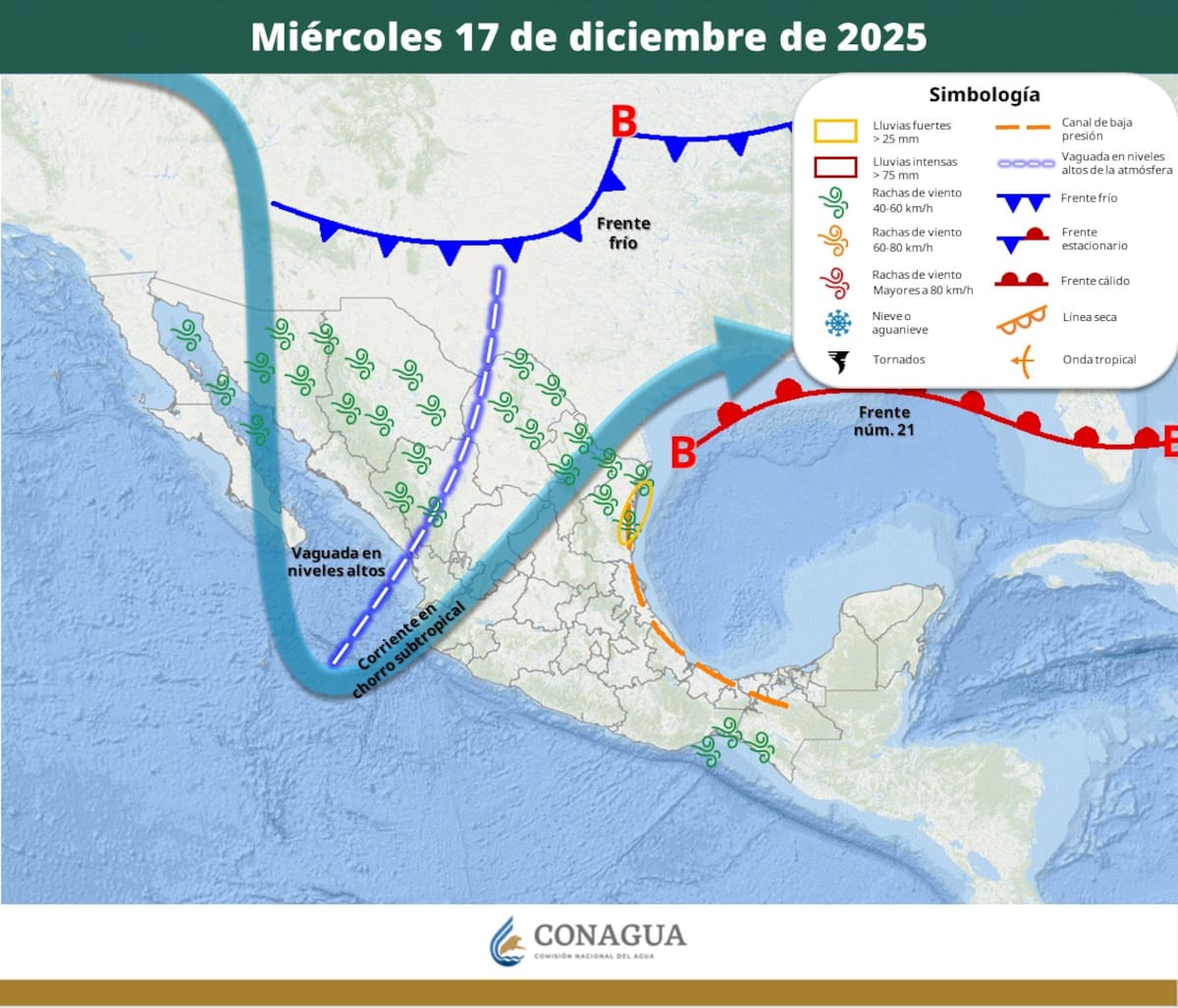 Pronóstico del clima para este miércoles 17 de diciembre del 2025. | Crédito: SMN