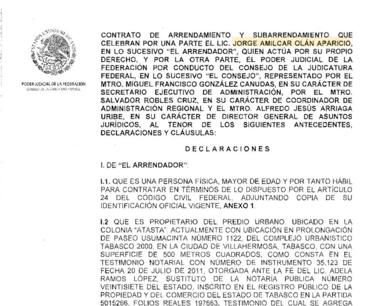 Contrato entre el PJF y Jorge Amílcar Olán Aparicio. | Captura