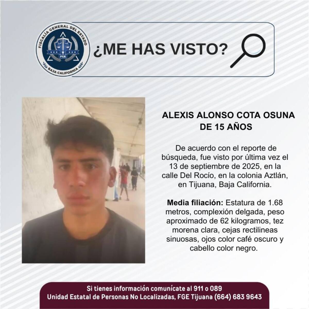 Fue visto por última vez el 13 de septiembre de 2025.