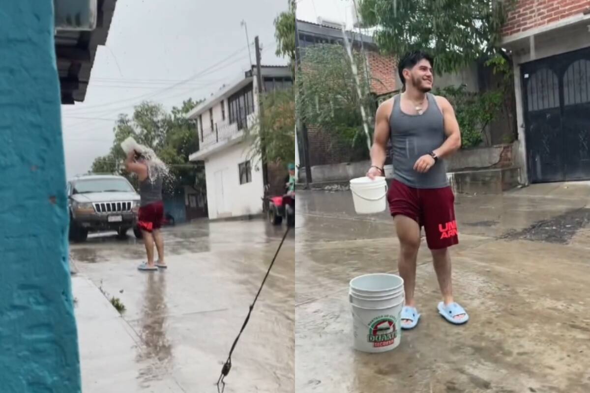 VIDEO: joven aprovecha el agua de lluvia para poder bañarse en la calle