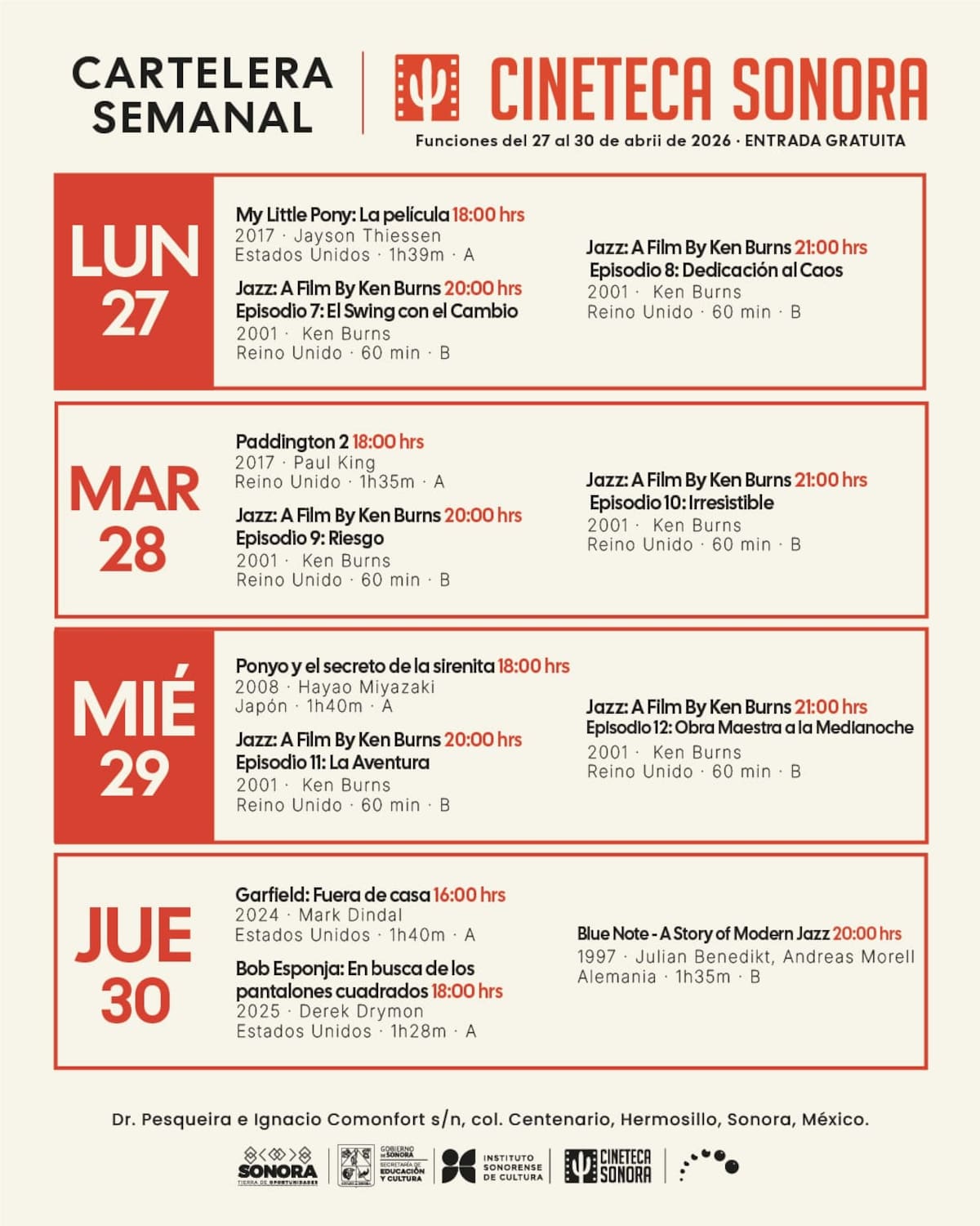 La Cineteca Sonora ofrece funciones gratuitas del 27 al 30 de abril con cine familiar, animación y documentales de jazz para todo público.