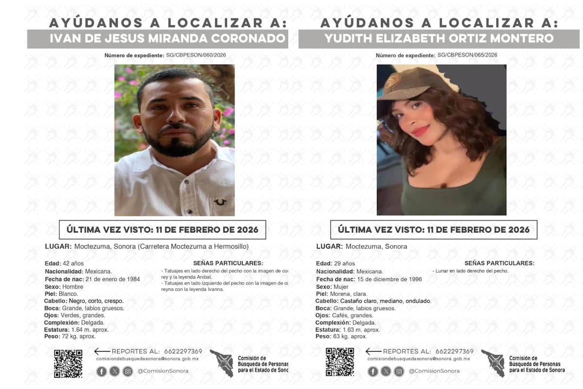 Pareja desaparece en Moctezuma mientras viajaba rumbo a Hermosillo