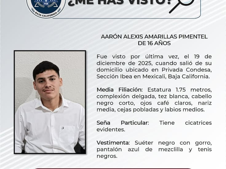 Buscan a Aarón Alexis, de 16 años; salió de su casa en Mexicali y no ha regresado