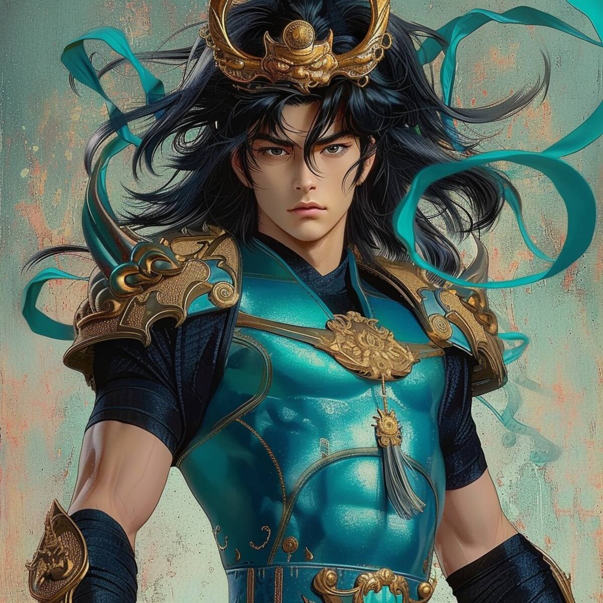 La inteligencia artificial de Midjourney revela la versatilidad de Shiryū al mostrarlo con armadura verde y trajes japoneses, creando una interpretación única del personaje.