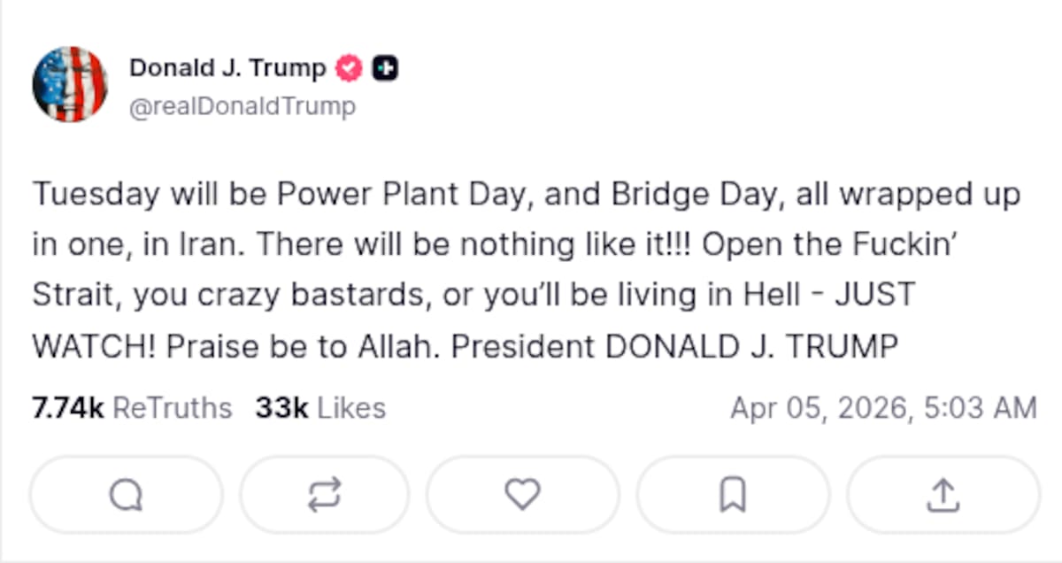 Trump insulta y amenaza a Irán. | Truth Social @realDonaldTrump