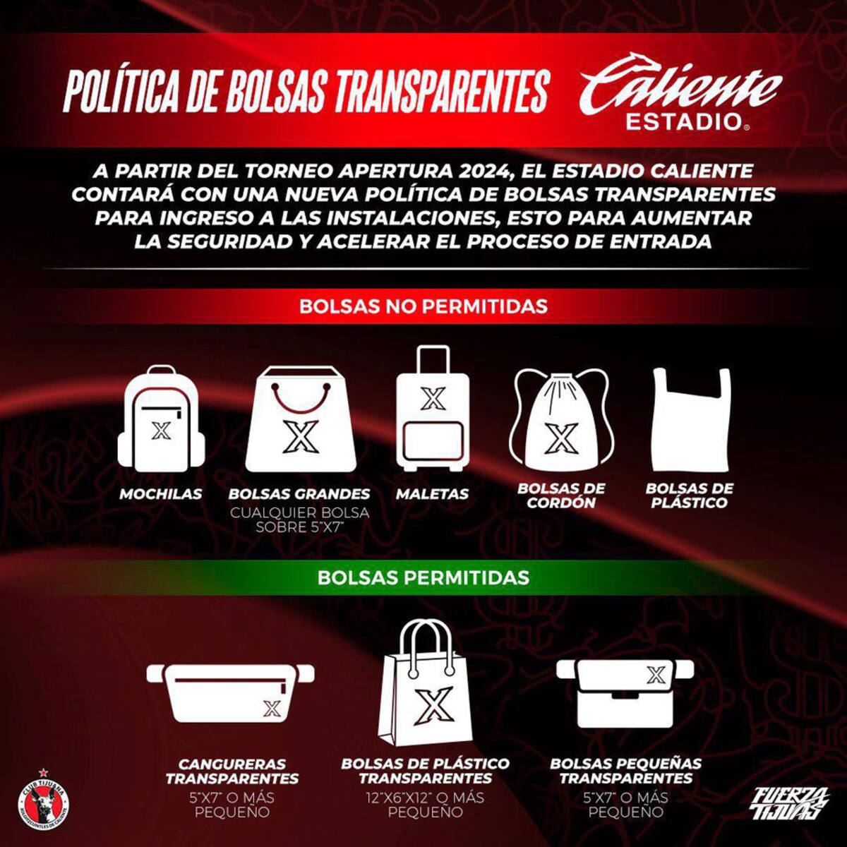 Estas serán las bolsas permitidas en el Estadio Caliente.