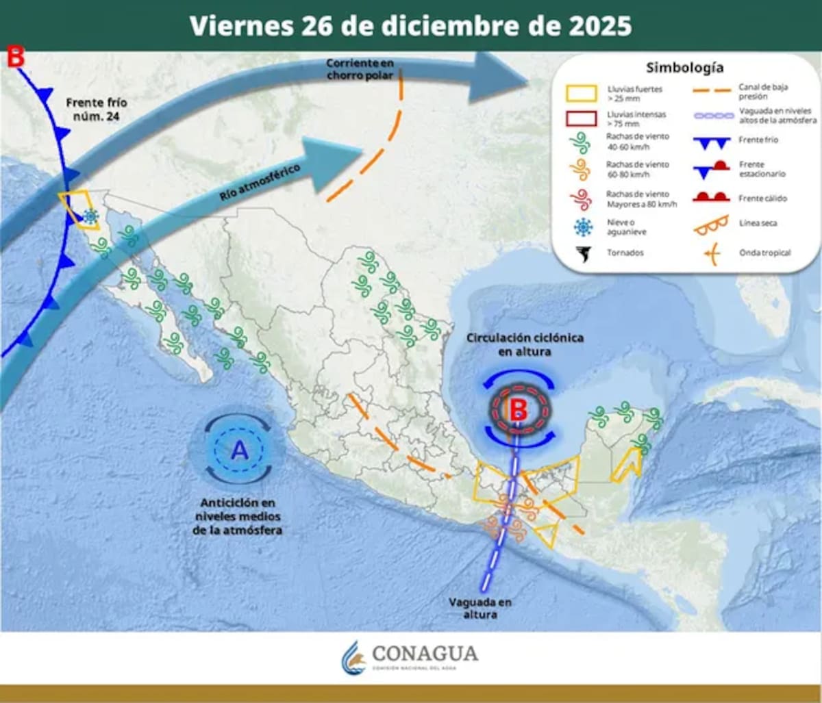 Río atmosférico entra a México el 26 de diciembre. Foto: SMN Conagua
