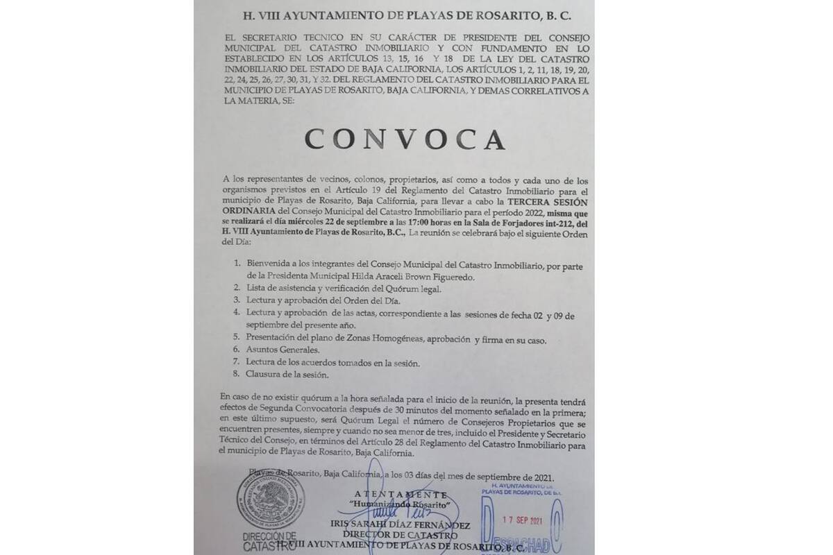 Gobierno de Rosarito exhorta a Tercera Sesión Ordinaria de Catastro Inmobiliario