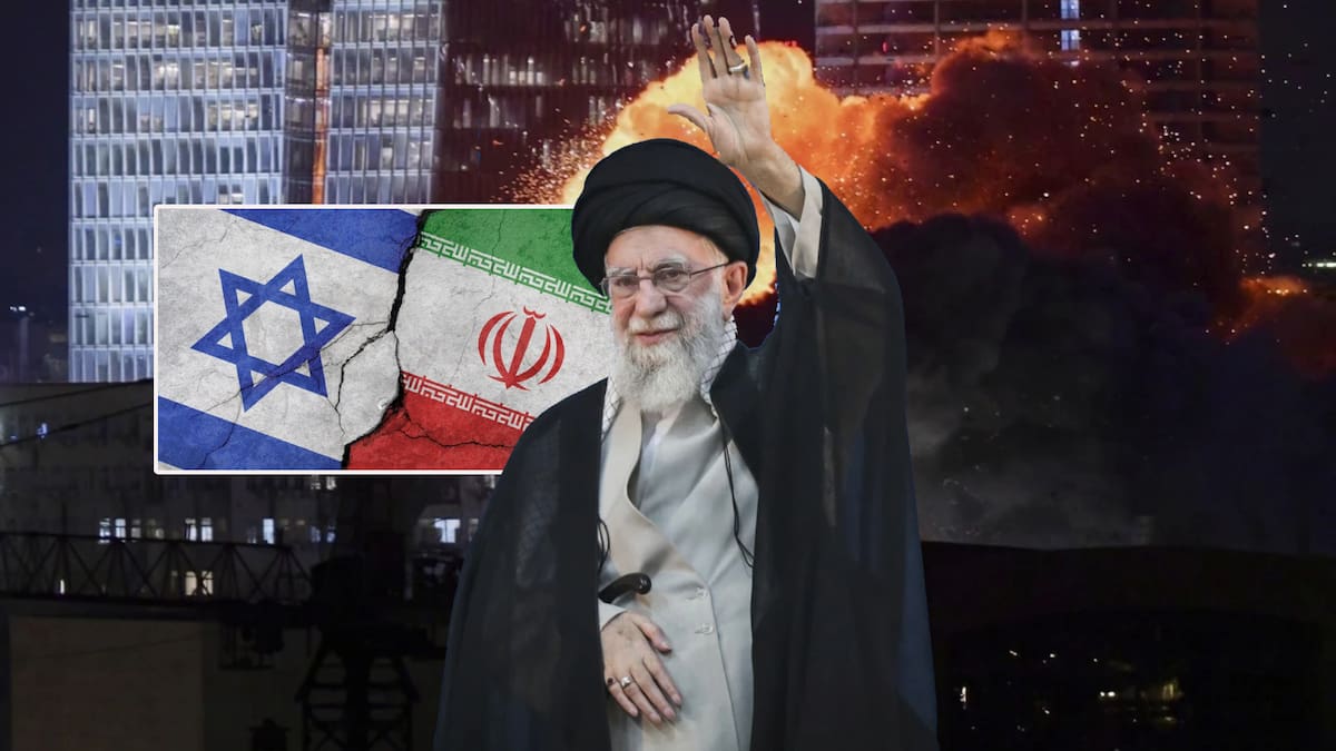Ali Khamenei, líder revolucionario iraní, advirtió que Israel quedará "desprotegido"; detrás se aprecia una imagen de un ataque a Tel Aviv, una de las ciudades israelíes más importantes. | AP
