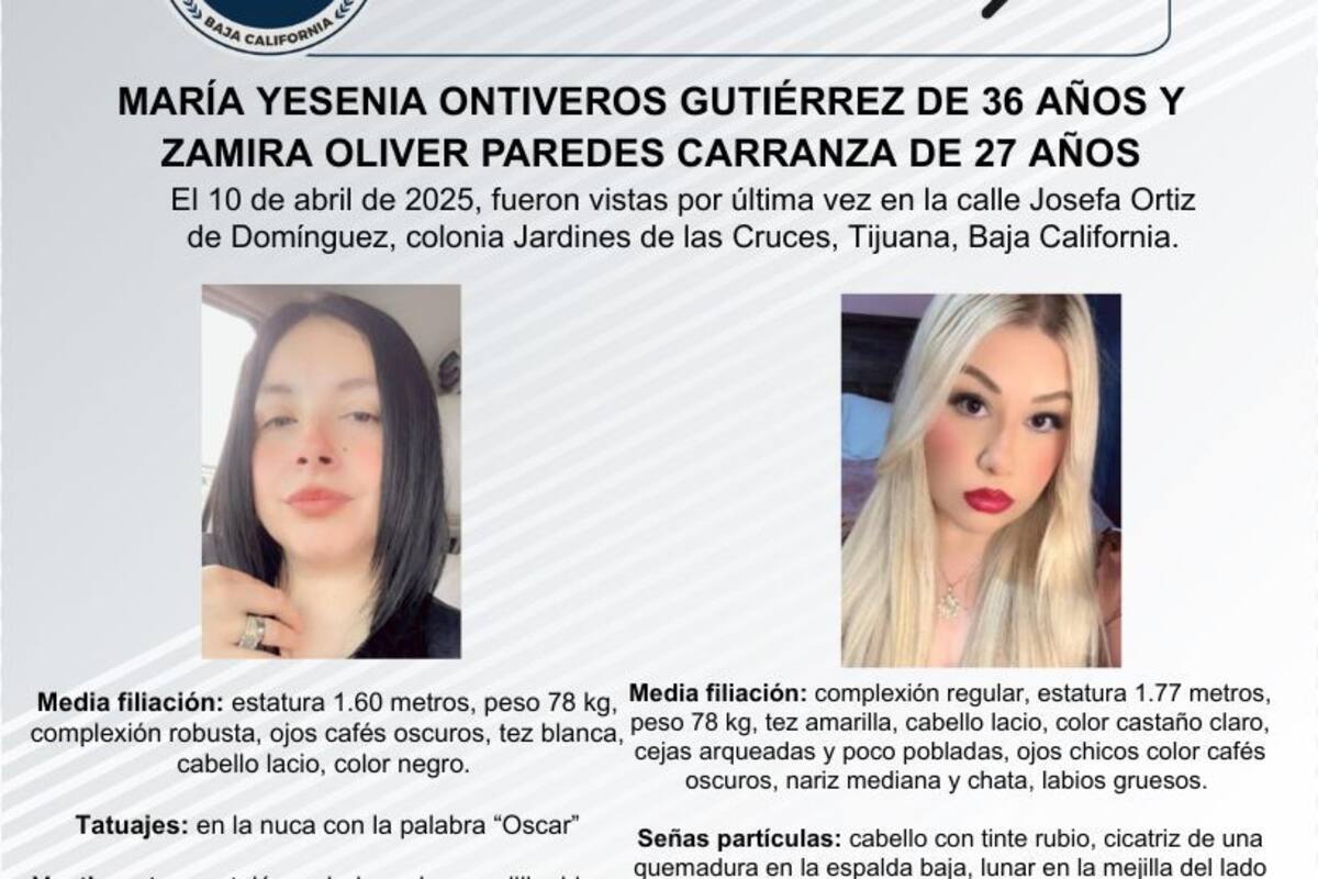 Se busca a María Yesenia Ontiveros Gutiérrez y Zamira Oliver Paredes Carranza