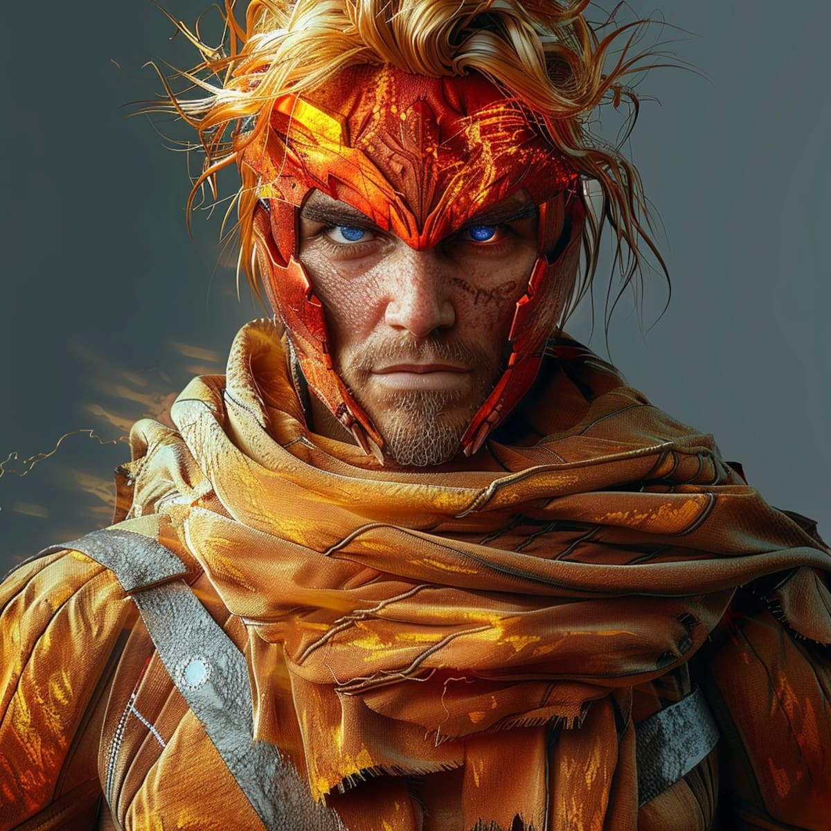 La inteligencia artificial da vida al rostro guapo y masculino del Ennetsu Saint, un personaje lleno de misterio y valentía.