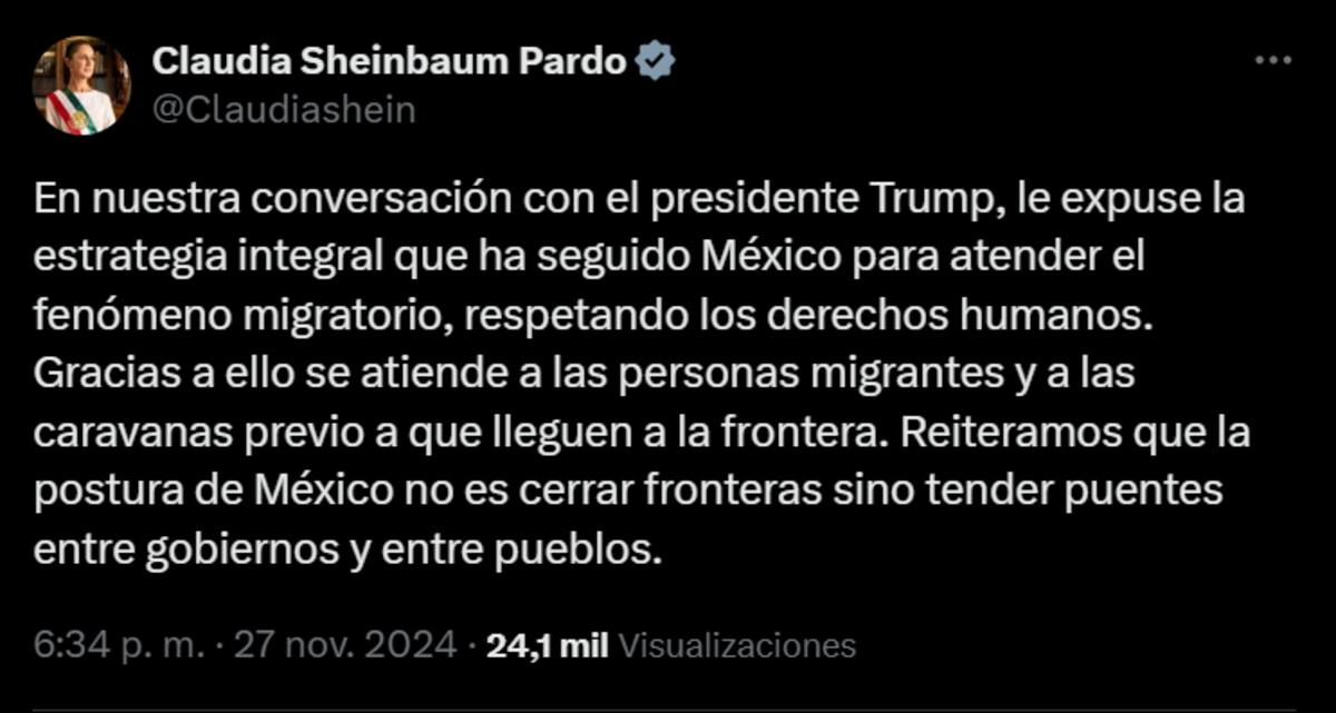 Claudia Sheinbaum negó que la estrategia fronteriza sea cerrar la frontera entre México y Estados Unidos, luego de la llamada con Donald Trump. | Twitter