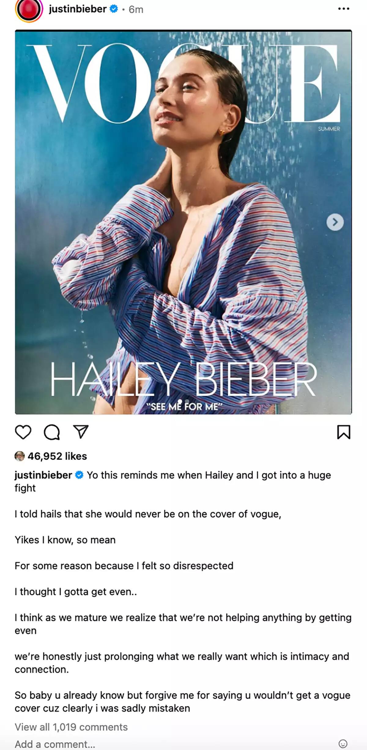 La disculpa pública de Justin Bieber a Hailey Bieber, borrada tras generar polémica | Captura de pantalla: justinbieber