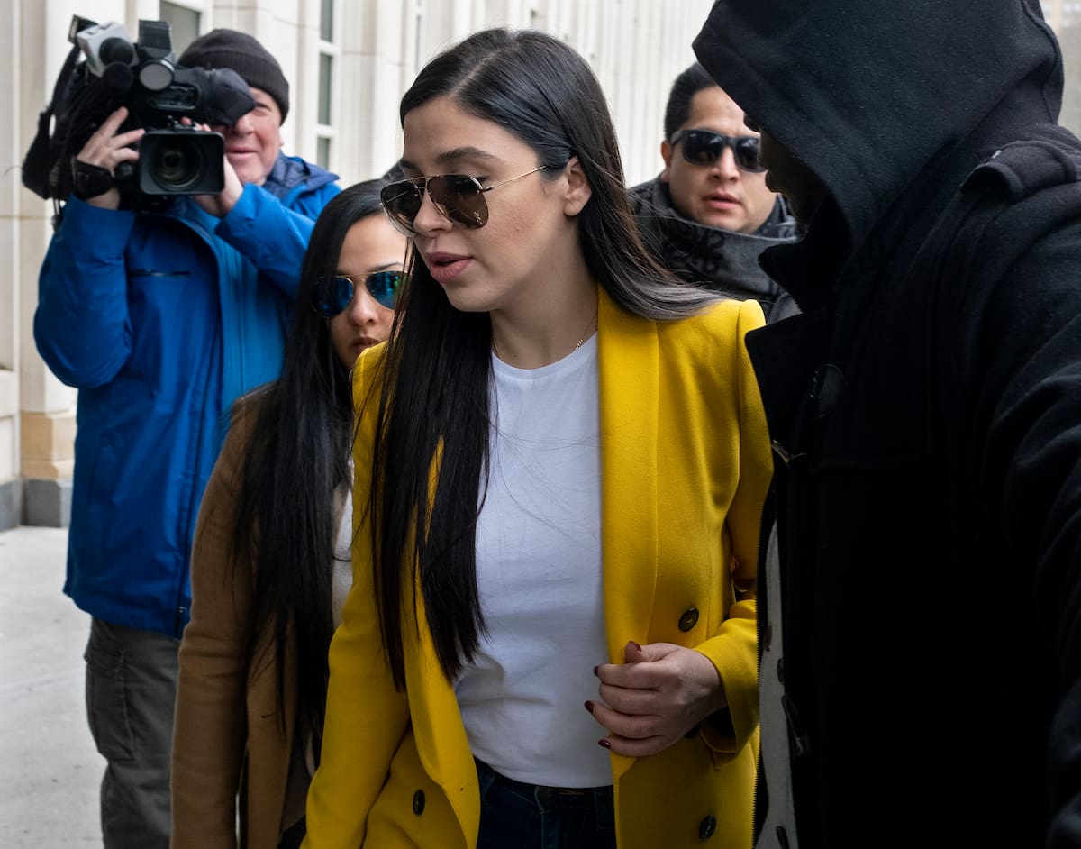 Emma Coronel Aispuro, center, wife of Joaquin "El Chapo" Guzman, arrives at federal court, Monday, Feb. 11, 2019, in New York. A jury is deliberating at the U.S. trial of the infamous Mexican drug lord. (AP Photo/Craig Ruttle)