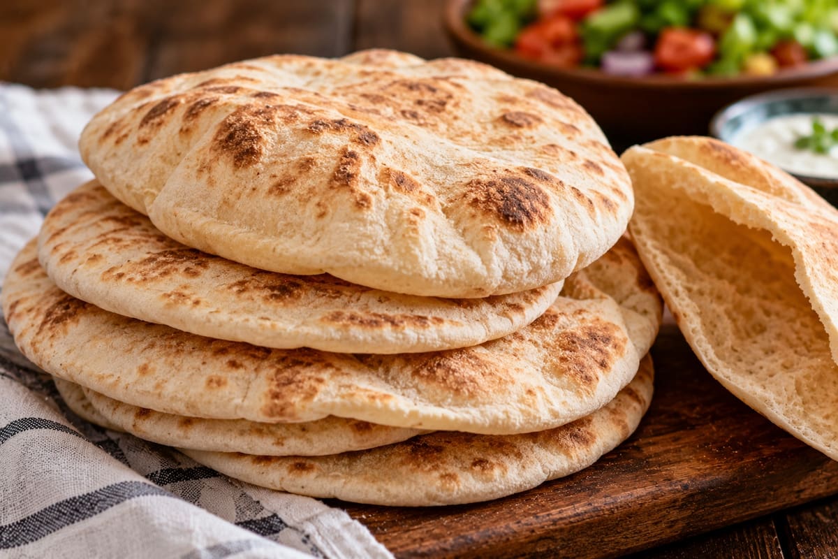 El pan pita es un acompañamiento tradicional de la cocina de Medio Oriente y suele utilizarse para envolver o acompañar carnes, verduras, salsas y otros ingredientes. | Crédito: Imagen hecha con IA de ChatGPT