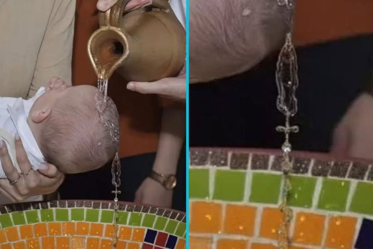 Bautizo se vuelve viral luego de que el agua bendita formara una cruz al caer sobre el bebé, hecho que usuarios interpretan como señal divina (FOTOS)