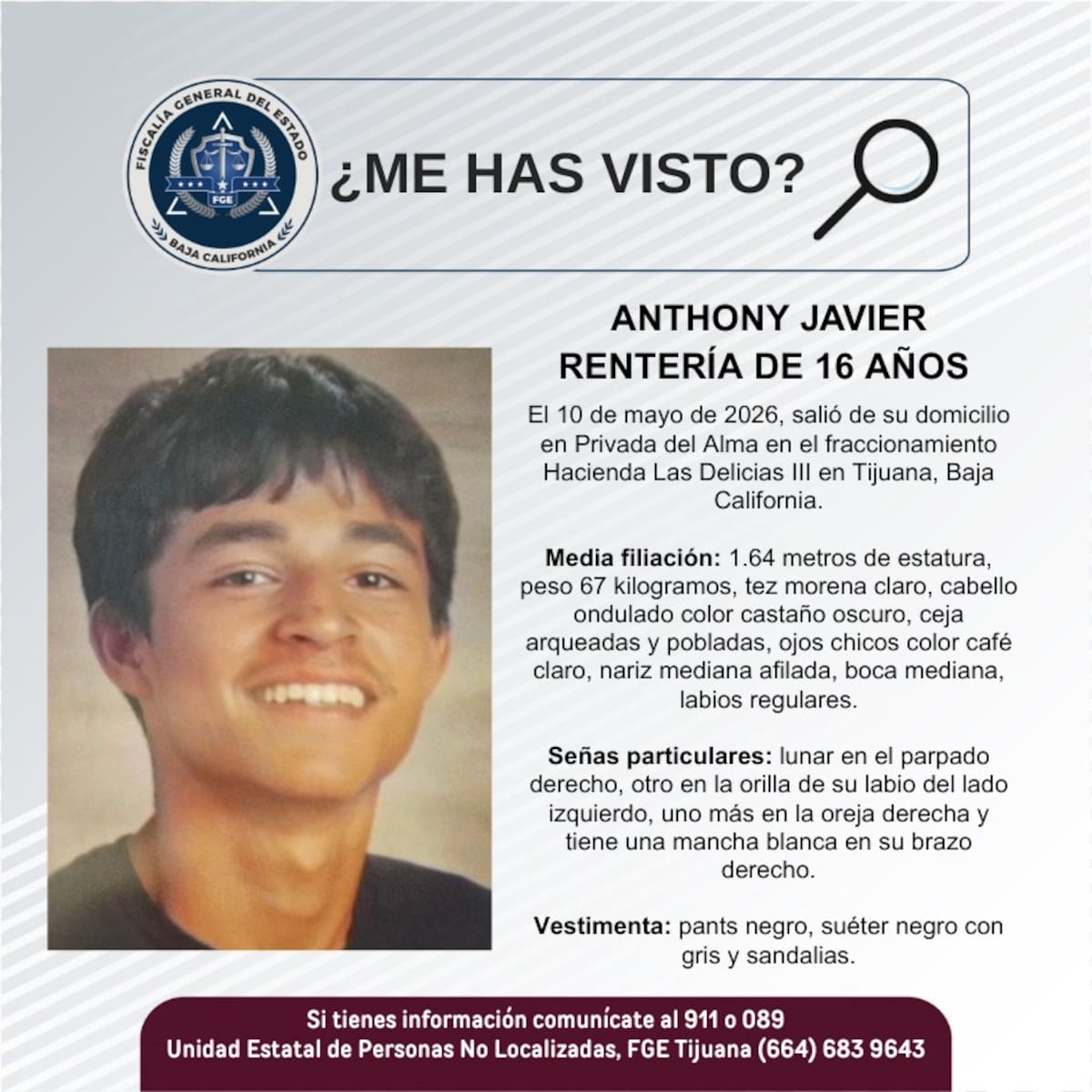 Fue visto por última vez el 10 de mayo de 2026.