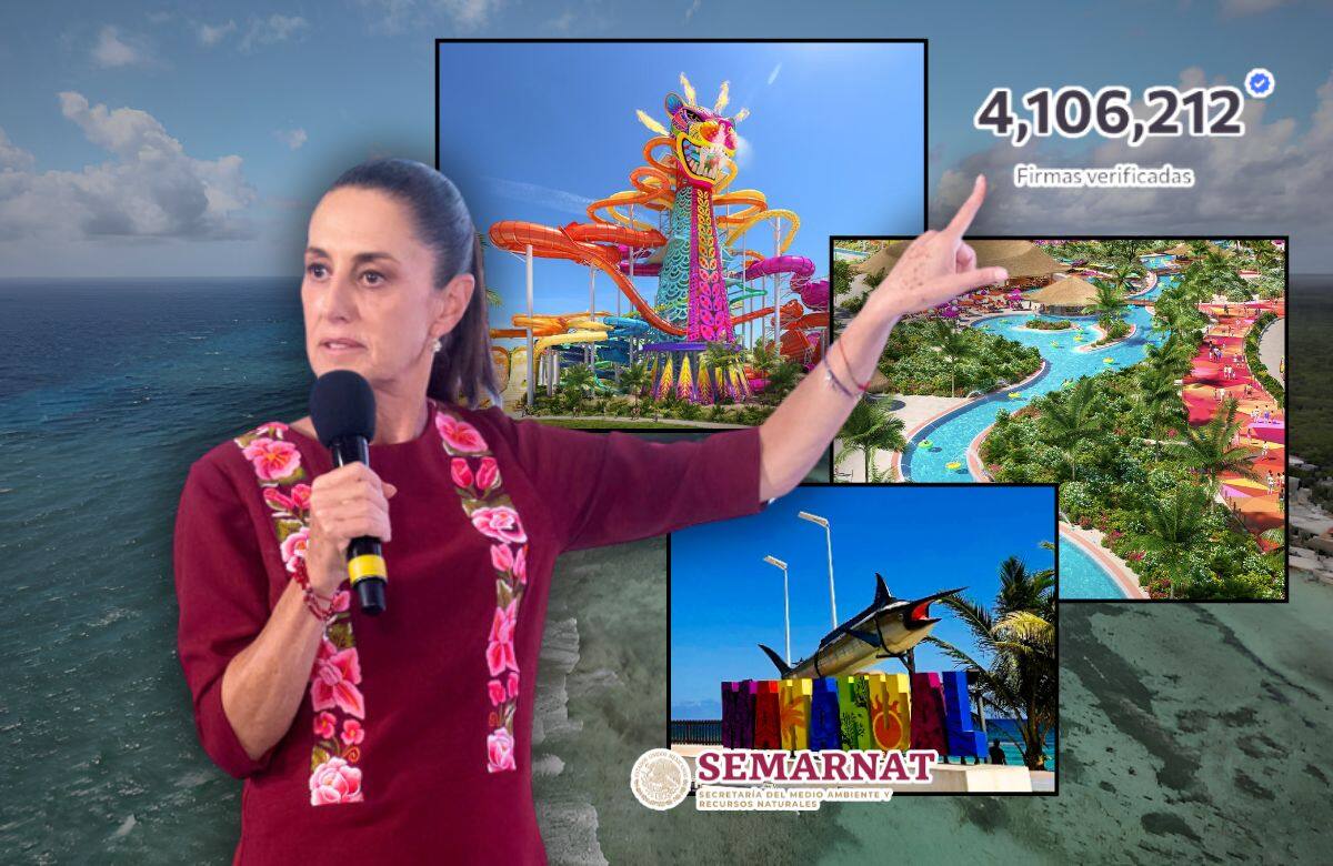 El proyecto “Perfect Day Mexico”, impulsado por Royal Caribbean en Quintana Roo, sigue bajo revisión de la Semarnat mientras aumenta la presión social y digital para impedir su construcción en Mahahual. | Foto: Especial GH/Presidencia/Royal Caribbean/Captura de pantalla.