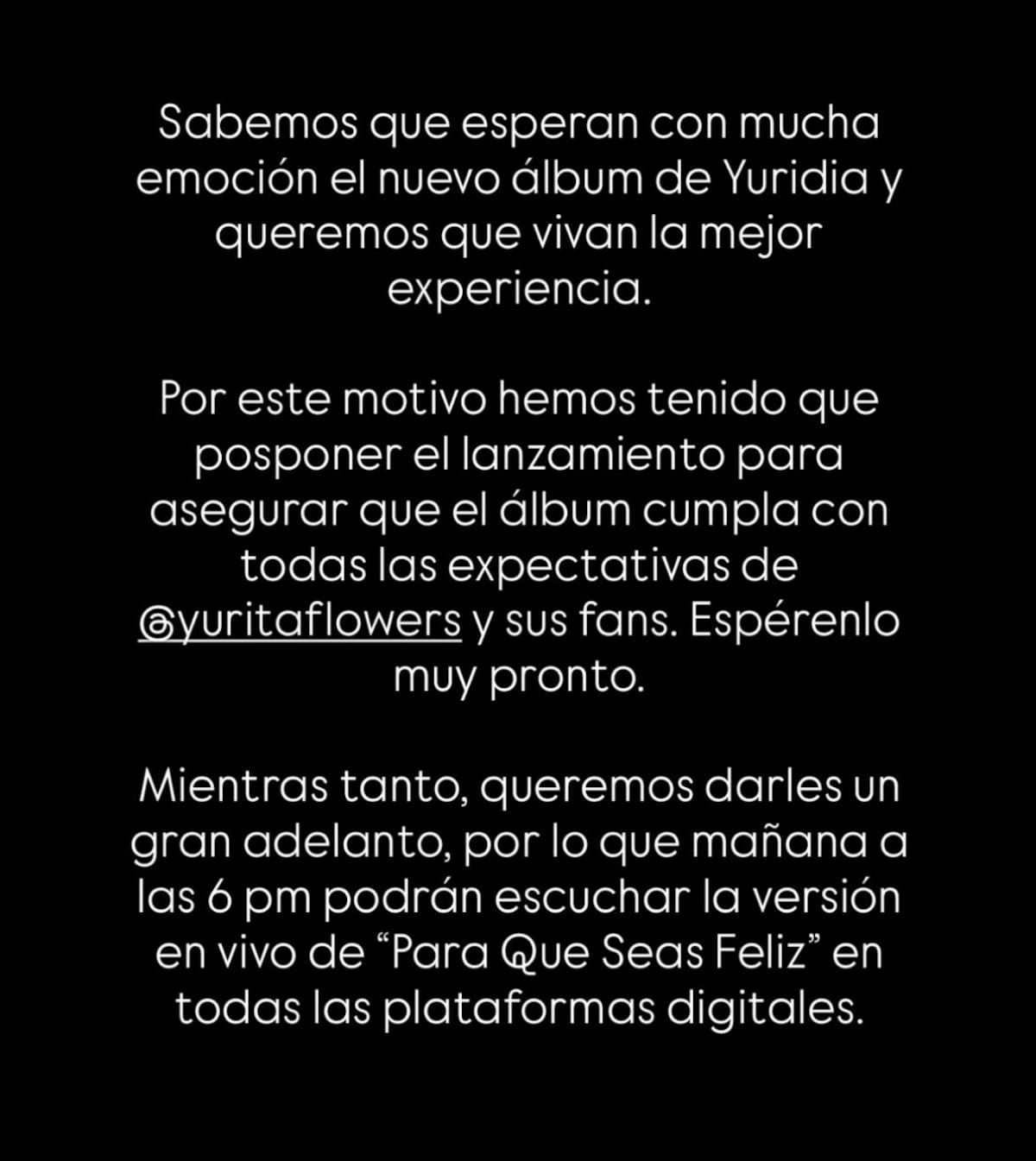 Posponen el nuevo álbum de Yuridia. | Captura de pantalla: IG @yuritaflowers