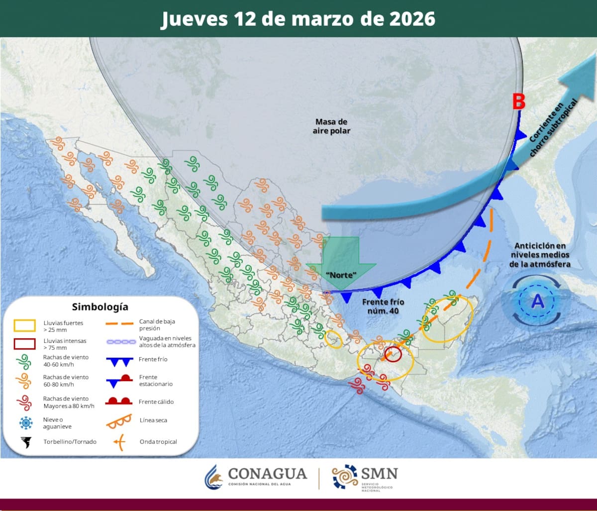 Pronóstico del clima para el jueves 12 de marzo del 2026. | Crédito: SMN