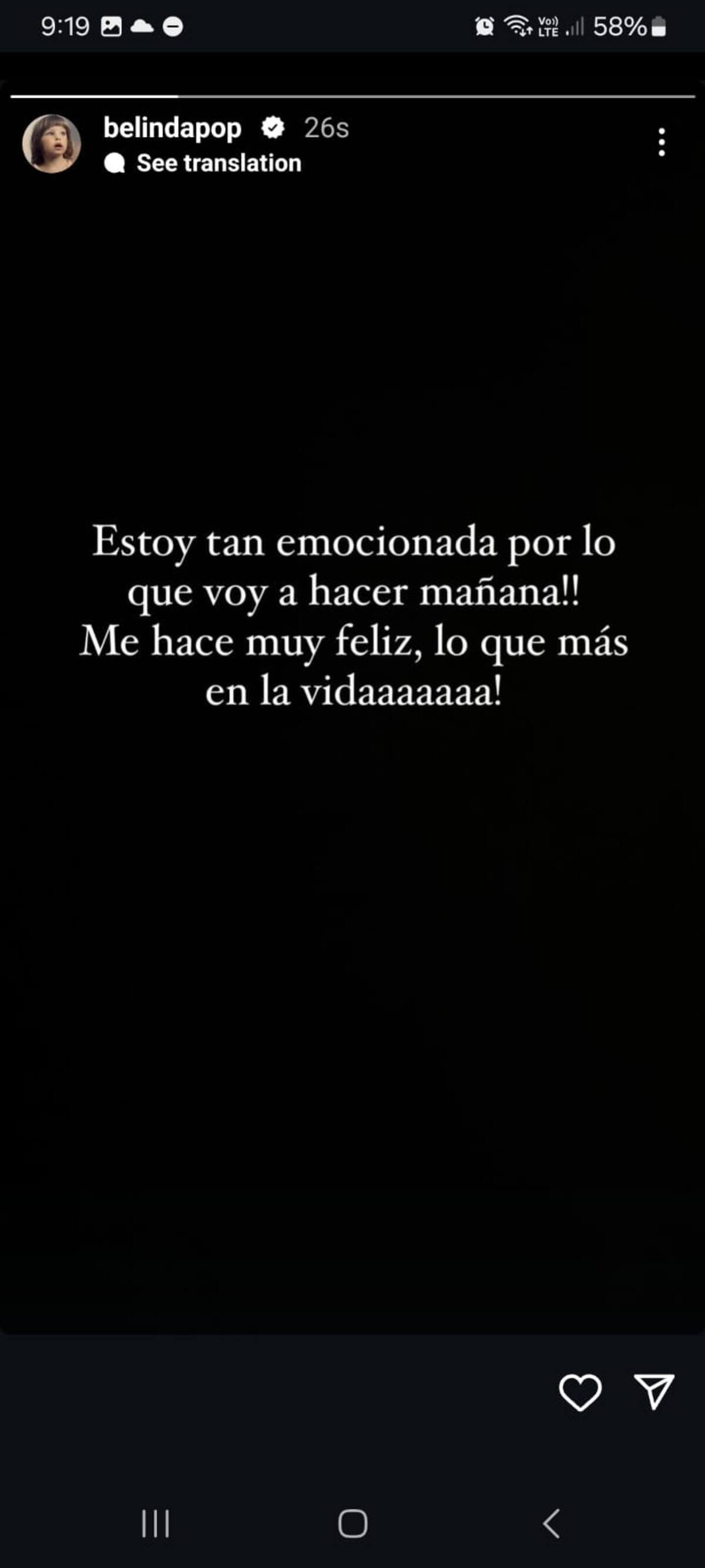 Belinda compartió su emoción en redes sociales / Instagram: @belindapop