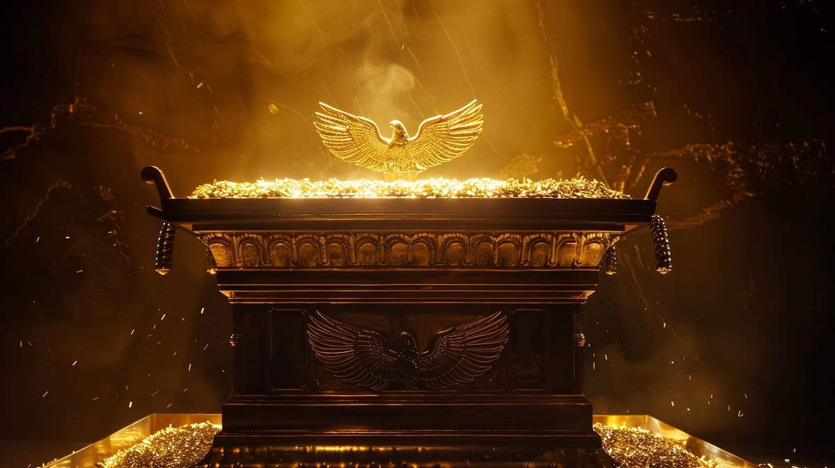 El Arca de la Alianza: Una representación artística del Arca de la Alianza, descrita en la Biblia como el cofre sagrado que contenía las Tablas de los Diez Mandamientos.