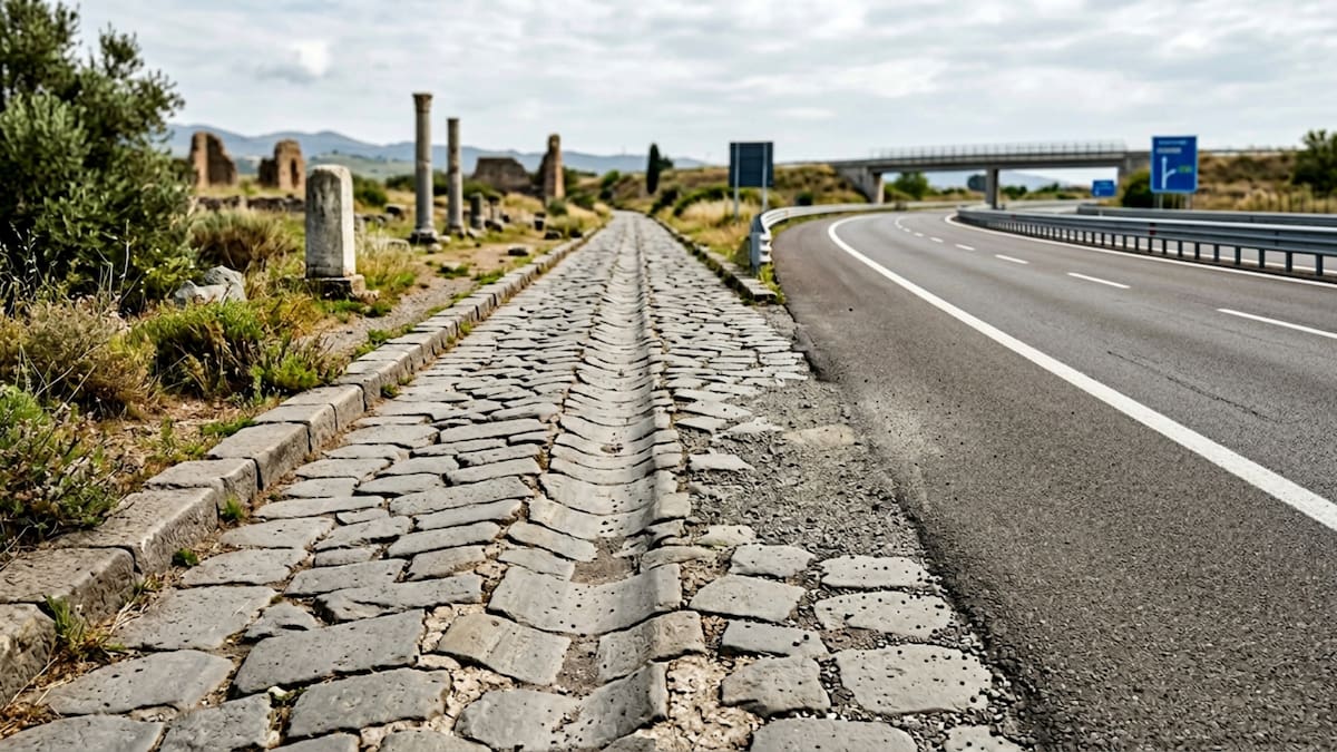 Varias autopistas europeas actuales siguen exactamente el mismo corredor geográfico que los ingenieros romanos trazaron hace más de dos mil años.